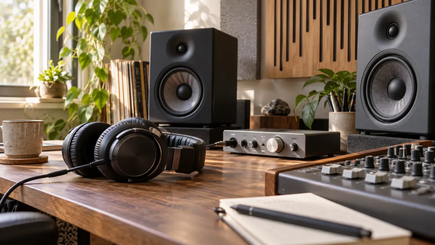 Illustration of comparing headphones, speakers, and mono playback for audio diagnosis