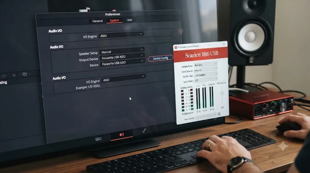 Illustration of the DaVinci Resolve Preferences panel with the I/O Engine set to ASIO and a Device Config panel open