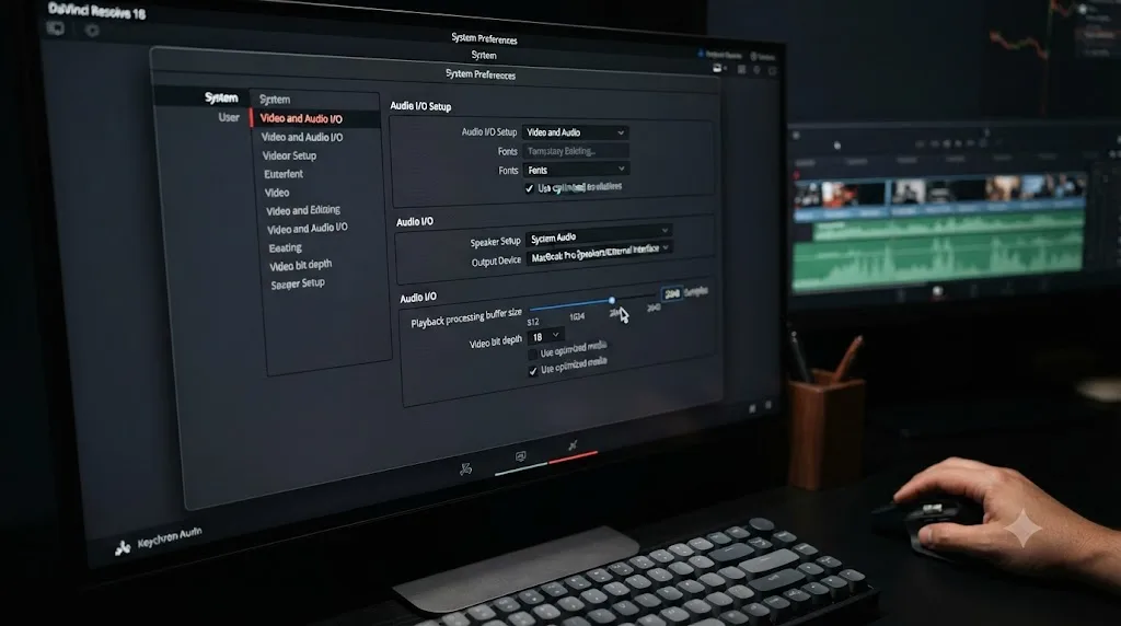 Illustration of the DaVinci Resolve Preferences panel showing the playback processing buffer size slider being increased