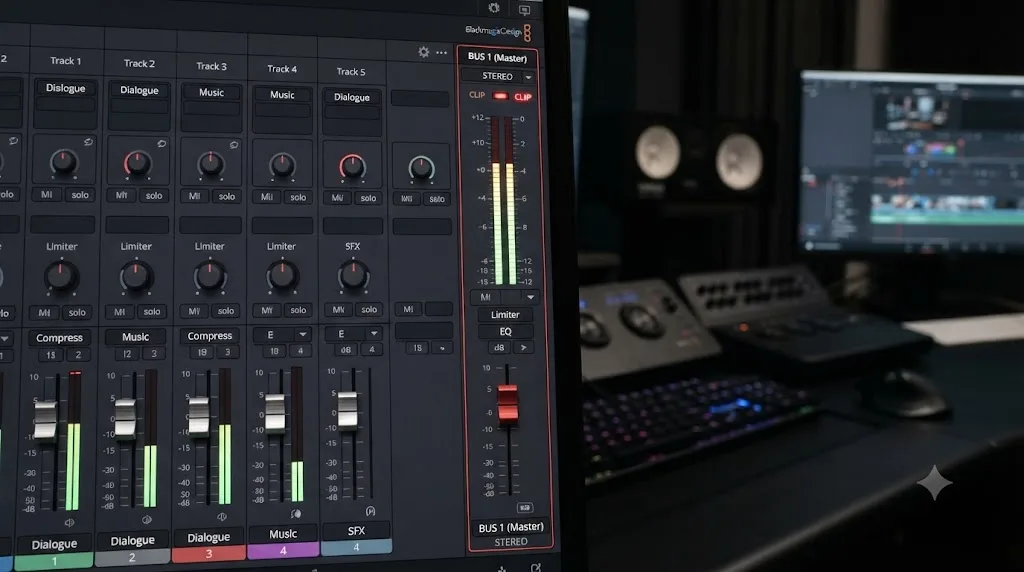 Illustration of the DaVinci Resolve Fairlight mixer Bus 1 output meter peaking into the red clipping zone