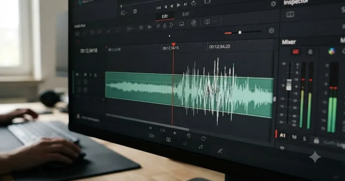 Illustration of a smooth sound waveform breaking apart into jagged static above a DaVinci Resolve timeline
