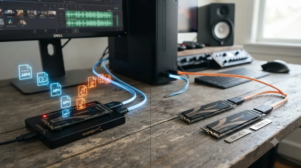 Illustration comparing a single SSD handling both video and audio reads at once against two separate drives splitting the load