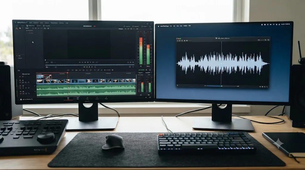 Illustration comparing a crackling DaVinci Resolve playback meter against a clean exported audio waveform in an external player