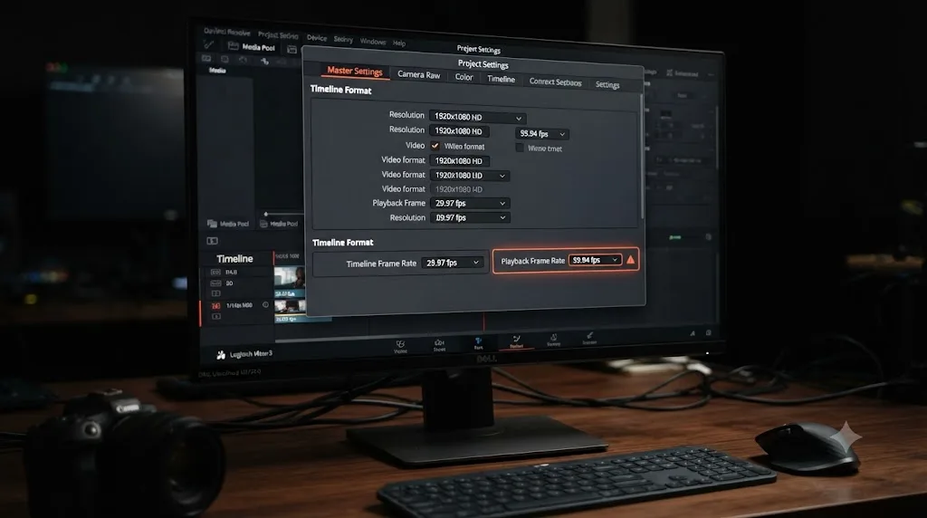 Illustration of the DaVinci Resolve Master Settings panel showing a mismatch between Timeline Frame Rate and Playback Frame Rate