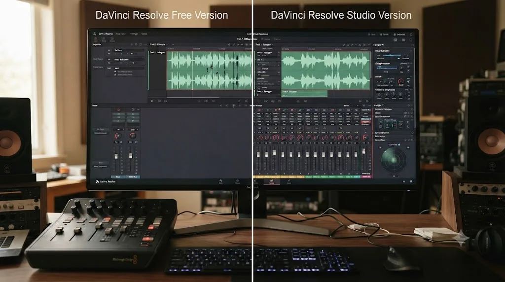 Illustration comparing DaVinci Resolve's free version audio troubleshooting tools against Studio-only Fairlight plugins