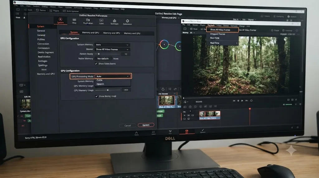 Illustration of the DaVinci Resolve Memory and GPU preferences panel next to a viewer playback menu with Show All Video Frames highlighted