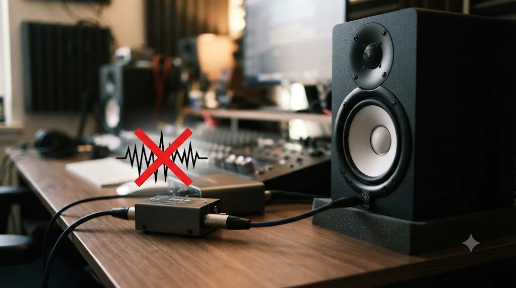 Illustration of a studio monitor speaker connected through a ground loop isolator device to eliminate electrical crackling noise