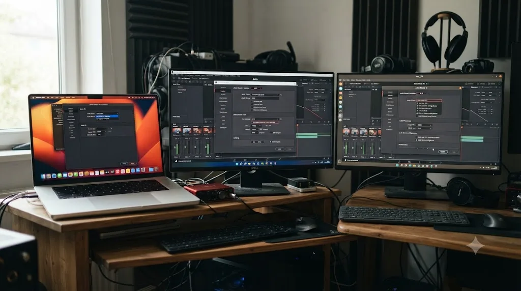 Illustration comparing DaVinci Resolve's Audio I/O preferences across Mac, Windows, and Linux systems