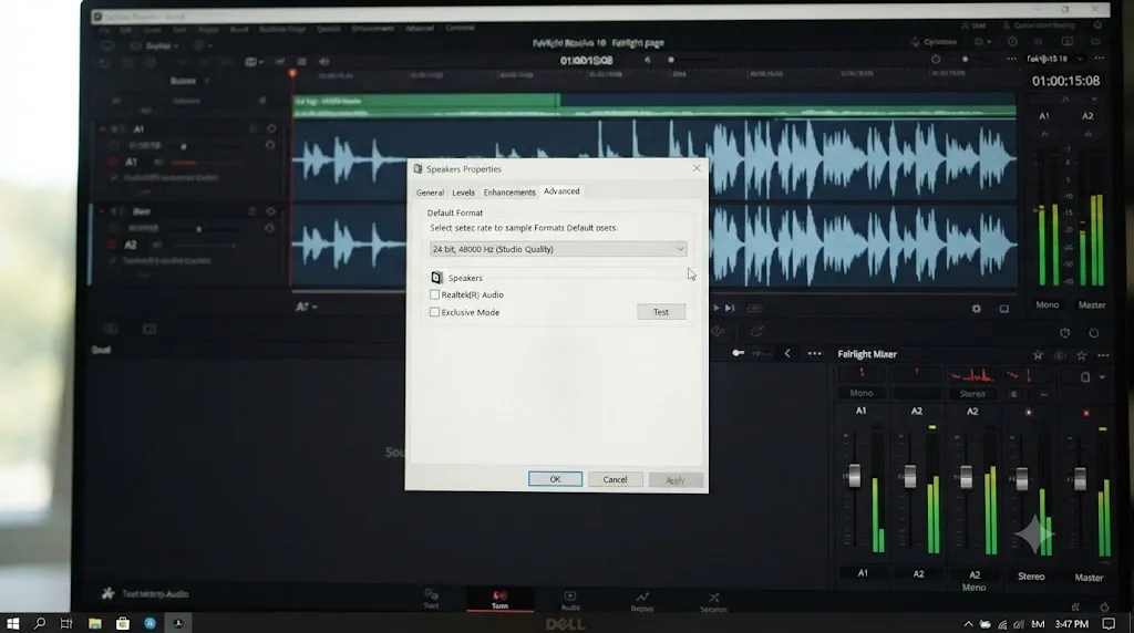 Illustration of a Windows Sound control panel sample rate setting shown alongside a DaVinci Resolve Fairlight page