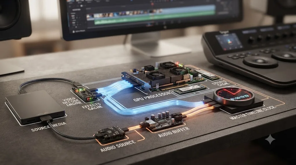 Illustration of DaVinci Resolve's real-time playback pipeline showing video decode, GPU processing, and audio buffering feeding a shared timeline clock