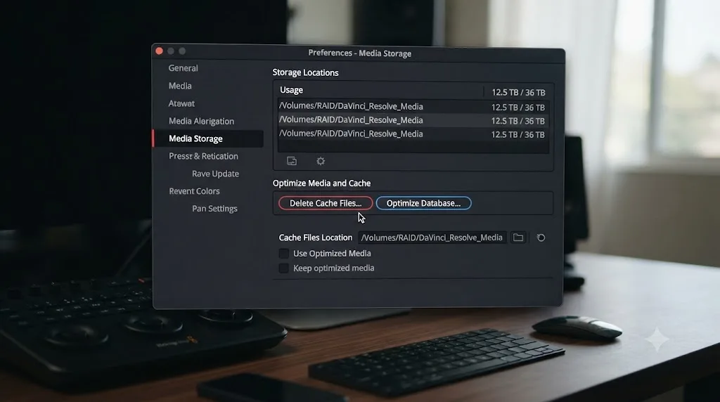 Illustration of the DaVinci Resolve Media Storage preferences panel showing Delete Cache Files and Optimize Database options