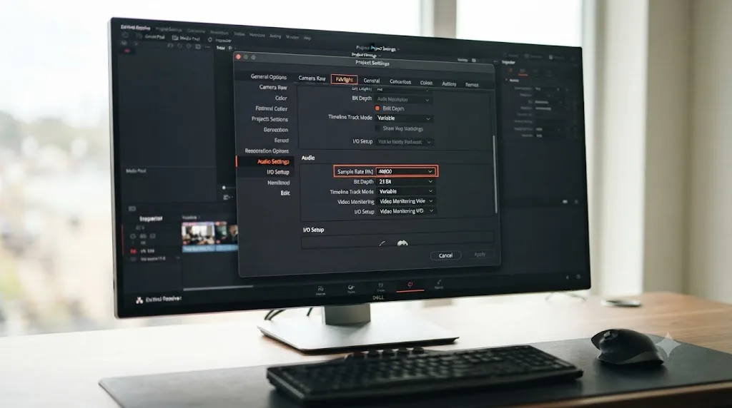 Illustration of the DaVinci Resolve Project Settings Fairlight tab showing the Audio Sample Rate field