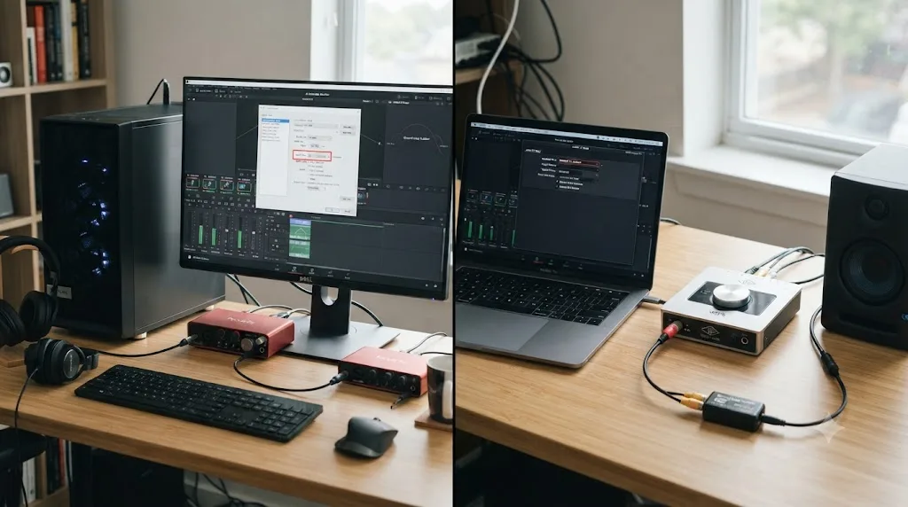 Illustration of two worked troubleshooting examples, one ending in an ASIO driver fix and one ending in a ground loop isolator fix