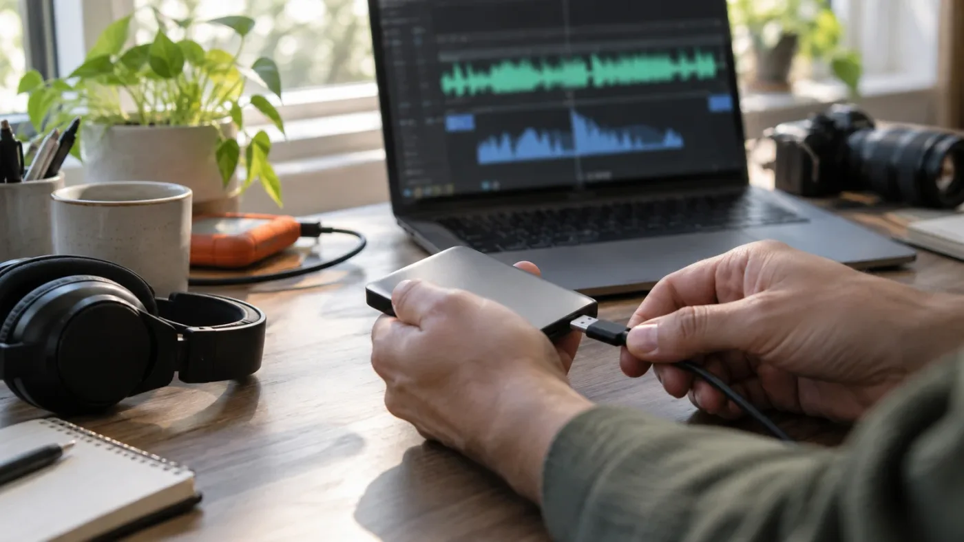 Illustration of reconnecting an external media drive to DaVinci Resolve audio