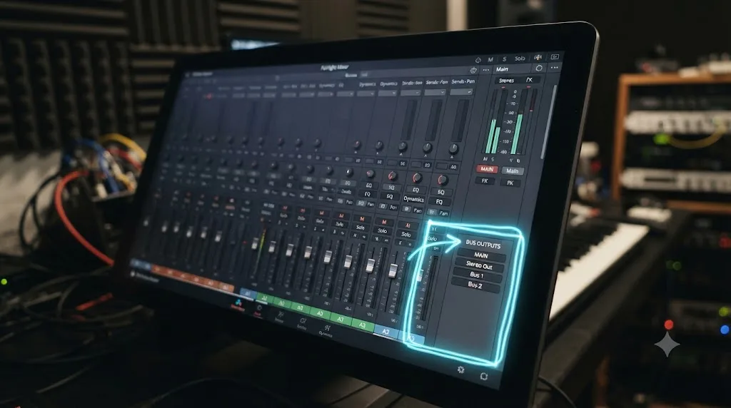Illustration of a hand-drawn glowing box pointing at a Bus Outputs field inside a DaVinci Resolve Fairlight Mixer