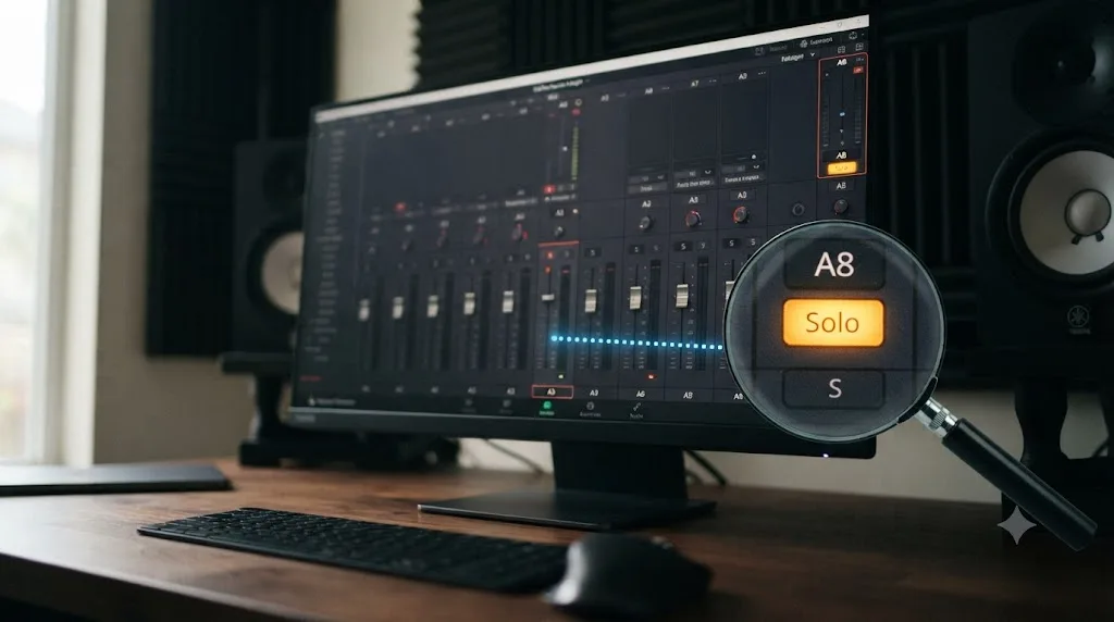 Illustration of a DaVinci Resolve Fairlight Mixer with a magnifying glass on a lit Solo button linked to a flat meter on another track