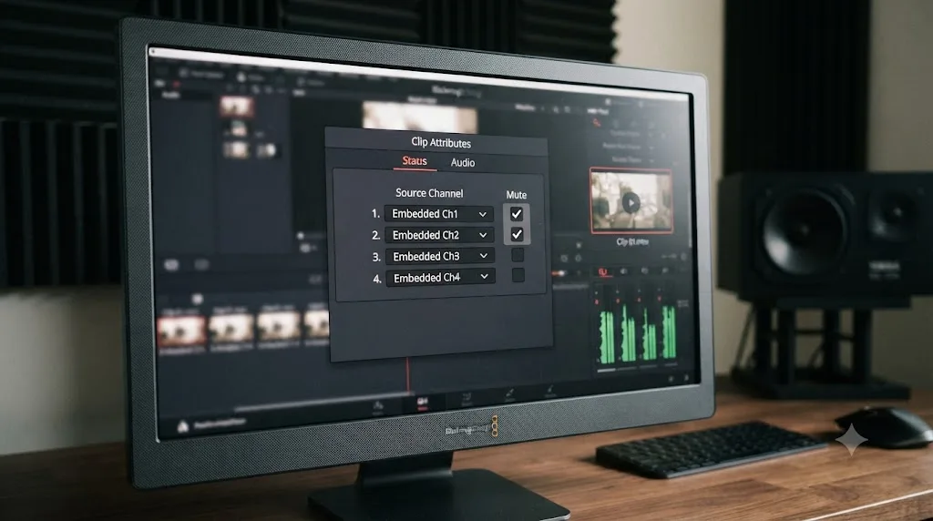 Illustration of a DaVinci Resolve Clip Attributes Audio panel with individual channel rows set to mute
