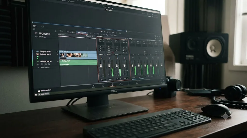 Illustration of a DaVinci Resolve compound clip opened in its own timeline tab with an unrouted internal audio track