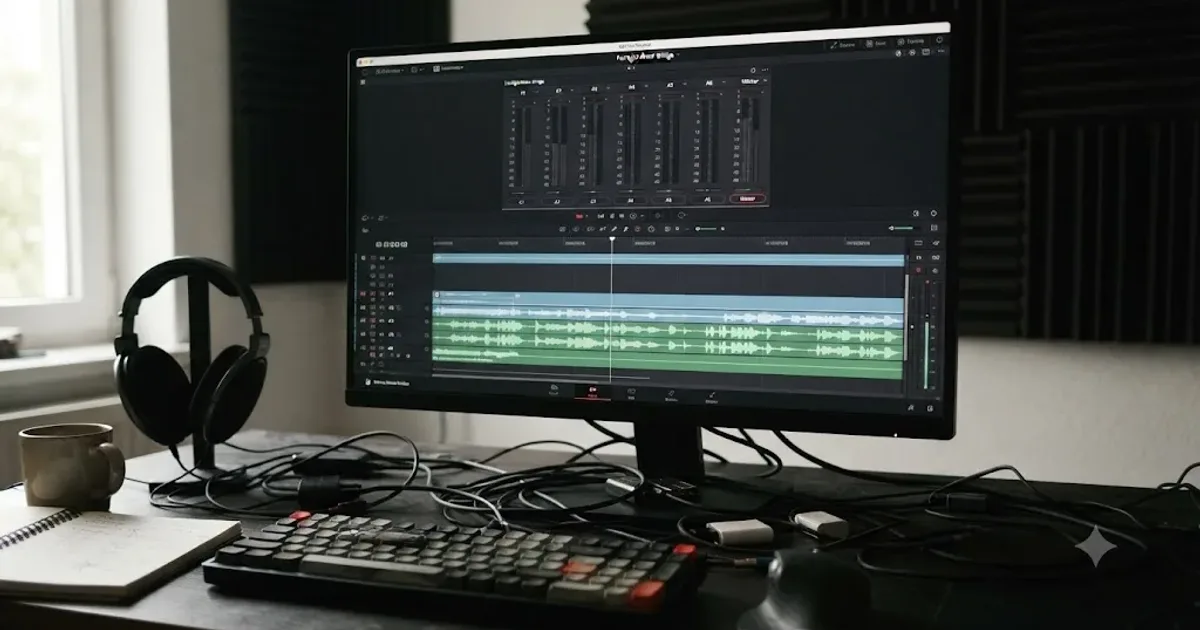 Illustration of a DaVinci Resolve Fairlight meter panel with several channel strips showing flat, unmoving level bars