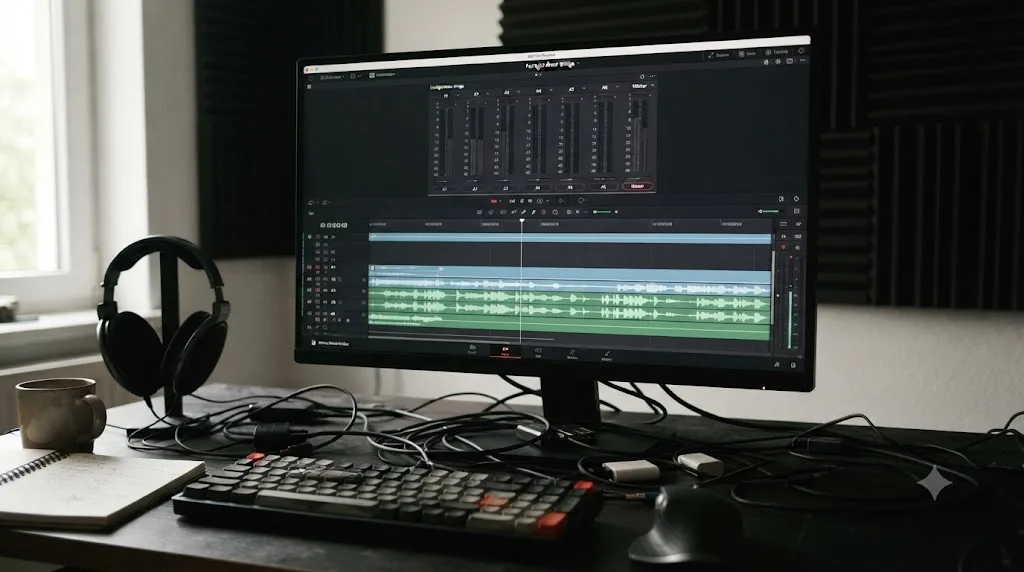 Illustration of a DaVinci Resolve Fairlight meter panel with flat, unmoving level bars beneath an active playhead