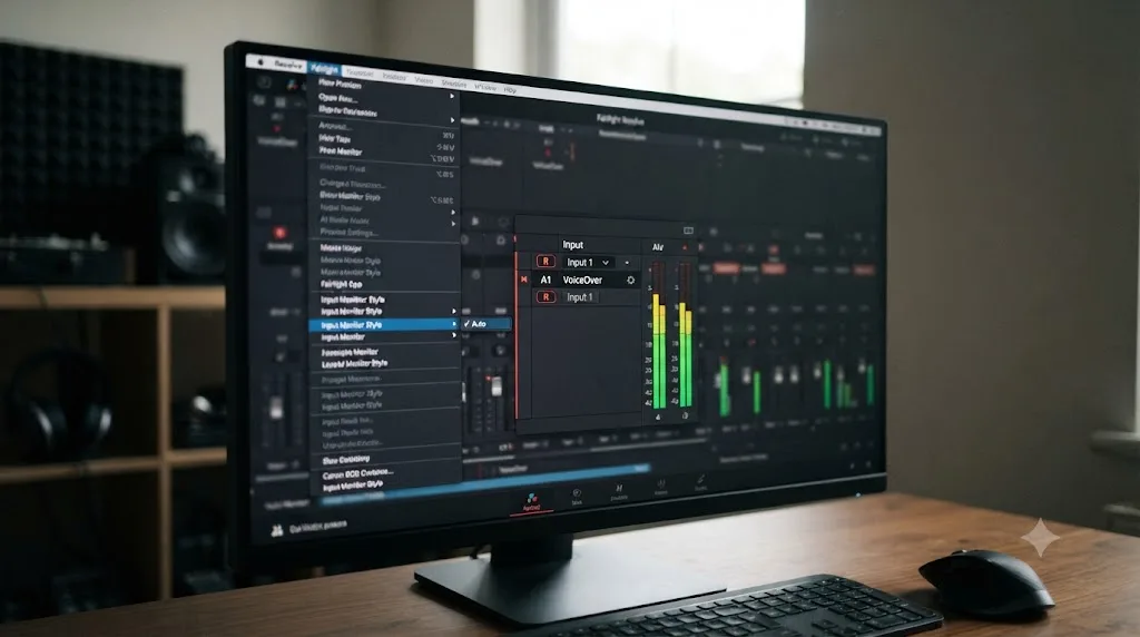 Illustration of a DaVinci Resolve Fairlight menu with Input Monitor Style set to Auto beside an armed track with an active input meter