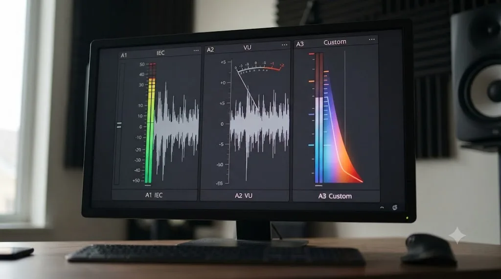 Illustration comparing three DaVinci Resolve Fairlight meter styles responding differently to the same audio signal