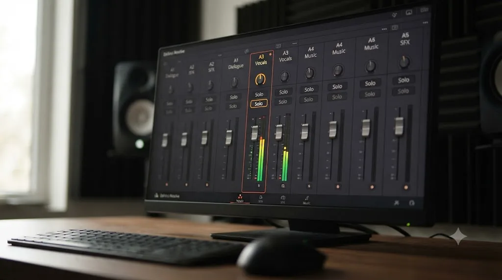 Illustration of a DaVinci Resolve Fairlight Mixer with one track soloed and every other track's meter shown flat
