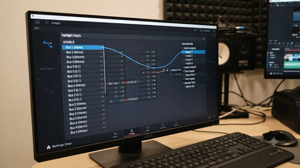Illustration of a DaVinci Resolve Fairlight Patch Input/Output panel connecting Bus Outputs to Audio Outputs