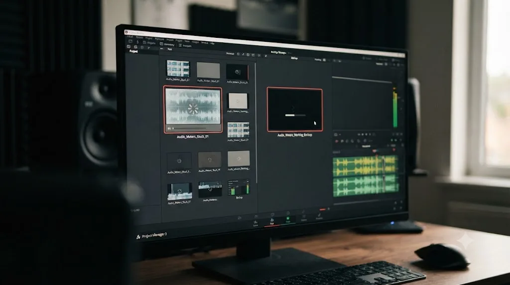 Illustration of a DaVinci Resolve project browser with a frozen current project and a previous project being opened as a troubleshooting step
