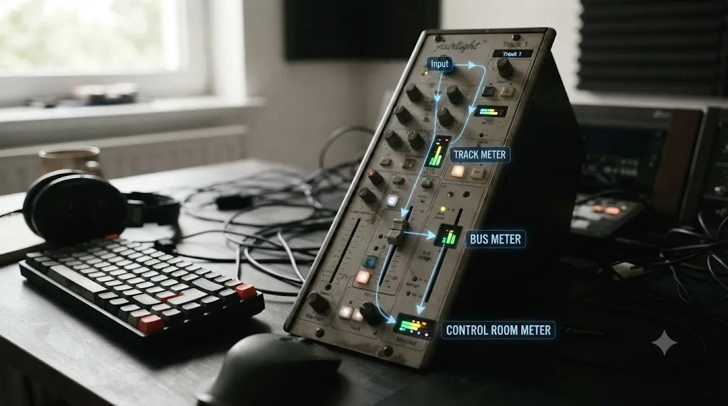 Illustration of a labeled DaVinci Resolve Fairlight channel strip showing track meter, bus meter, and Control Room meter positions