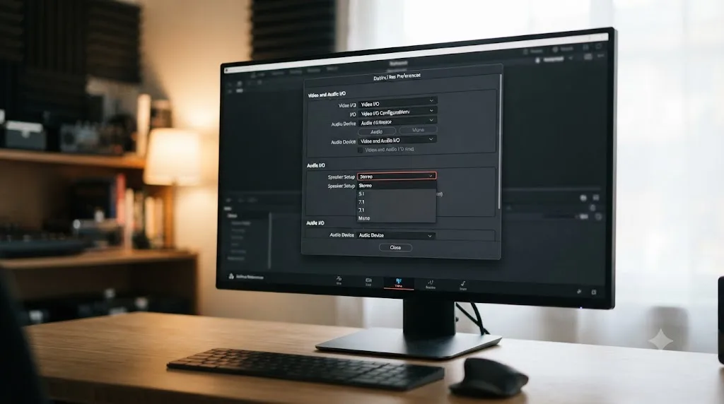 Illustration of a DaVinci Resolve Preferences window with a speaker configuration dropdown mismatched for a 5.1 audio project