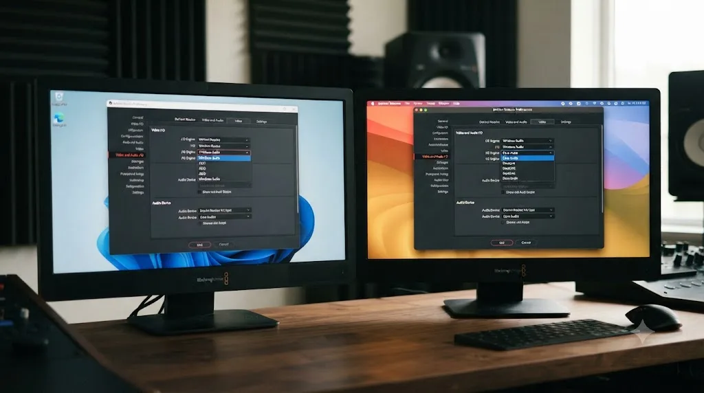 Illustration comparing Windows and macOS DaVinci Resolve audio preferences panels with different I/O Engine options highlighted