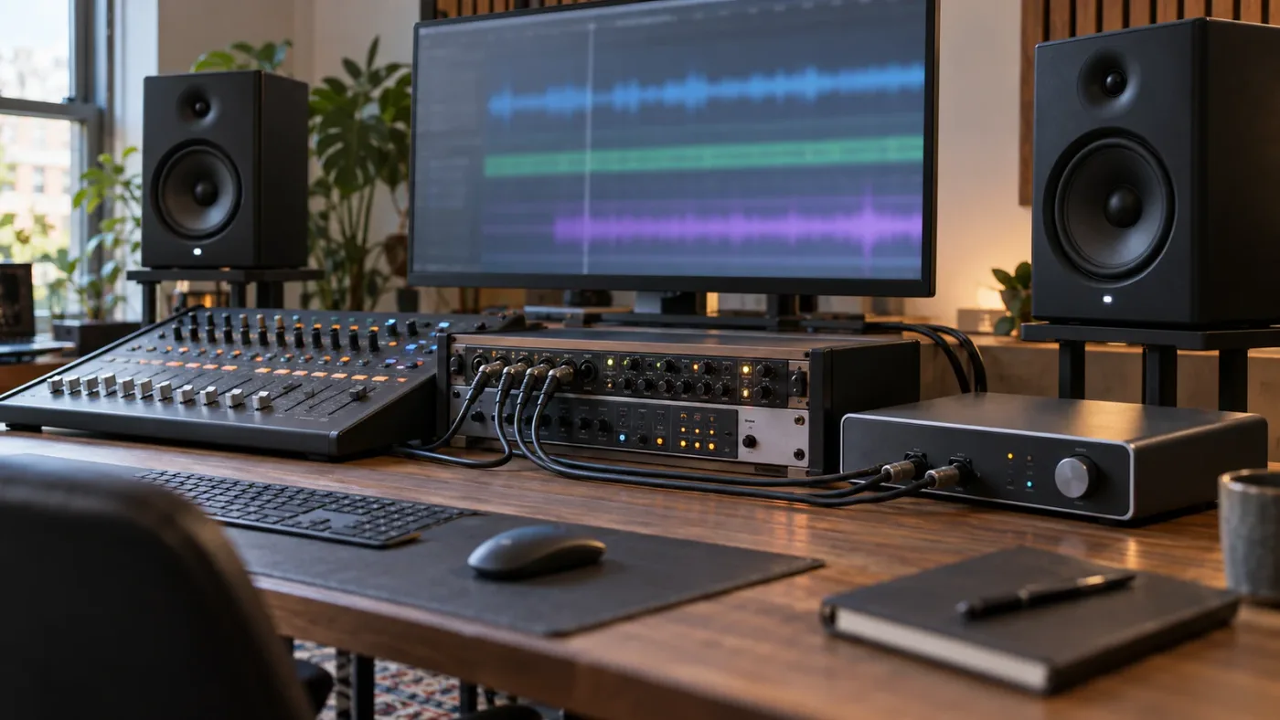 Illustration of DaVinci Resolve Fairlight bus routing to left and right speakers