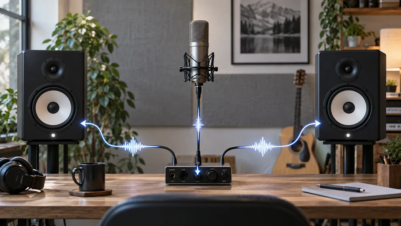 Illustration of a mono dialogue clip feeding both speakers in DaVinci Resolve
