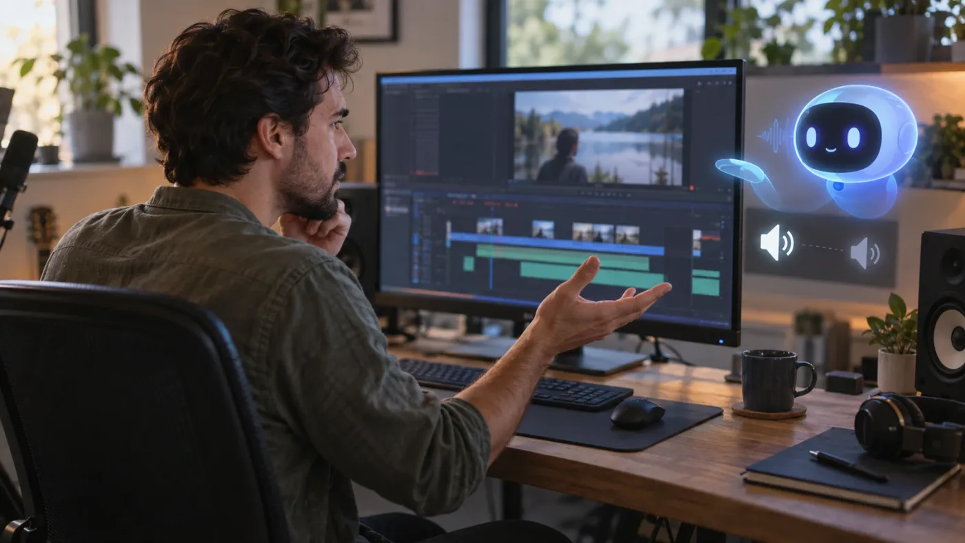 Illustration of an on-screen assistant helping locate an audio control in DaVinci Resolve