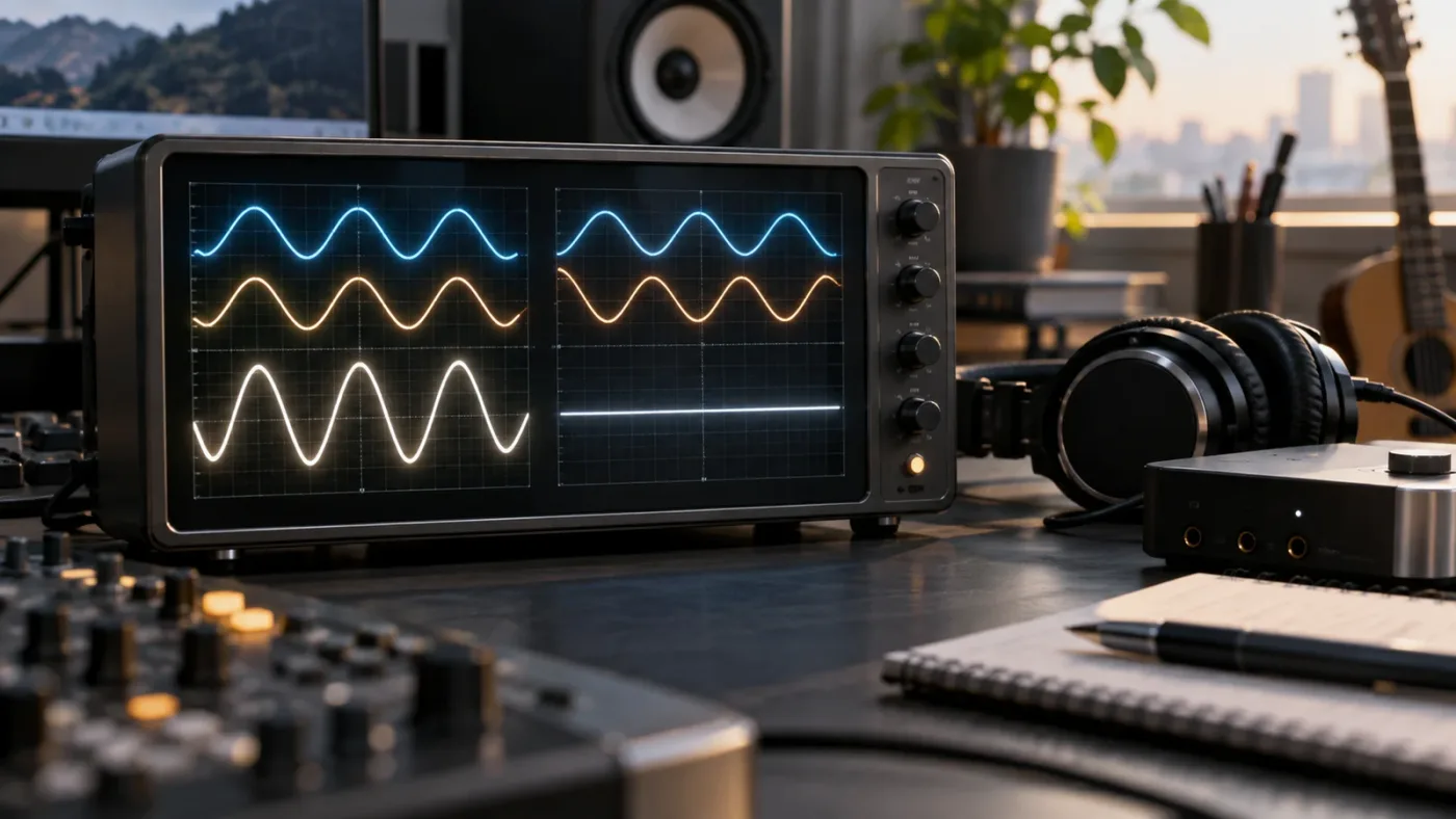 Illustration of two audio waveforms combining into a thin, hollow signal in DaVinci Resolve