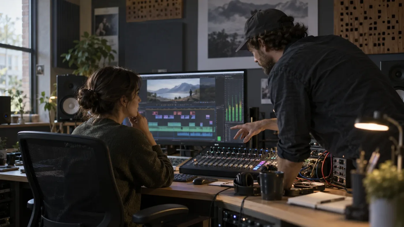 Illustration of an editor getting on-screen guidance for a Fairlight audio control