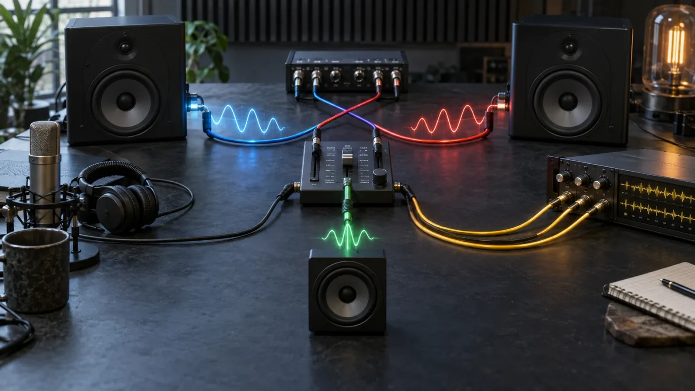 Illustration of stereo and mono audio routing for a Resolve project