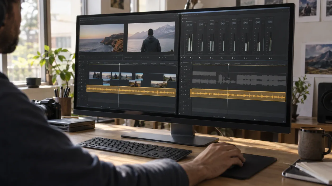 Illustration of audio track visibility in Edit and Fairlight