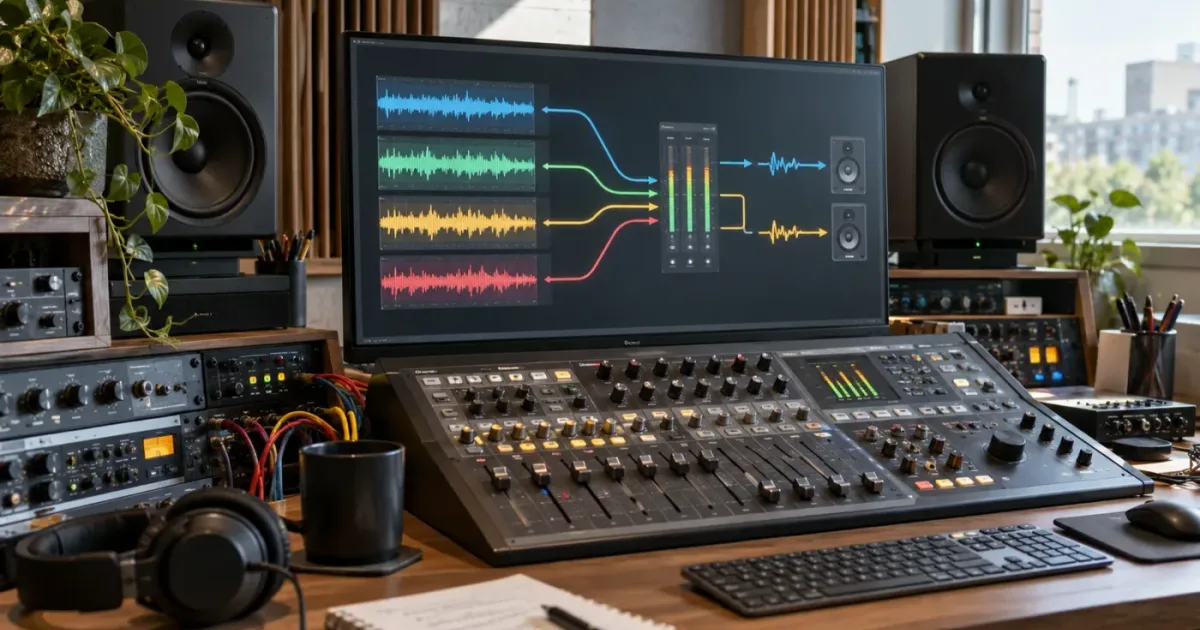Illustration of a DaVinci Resolve audio track routing into a Fairlight bus
