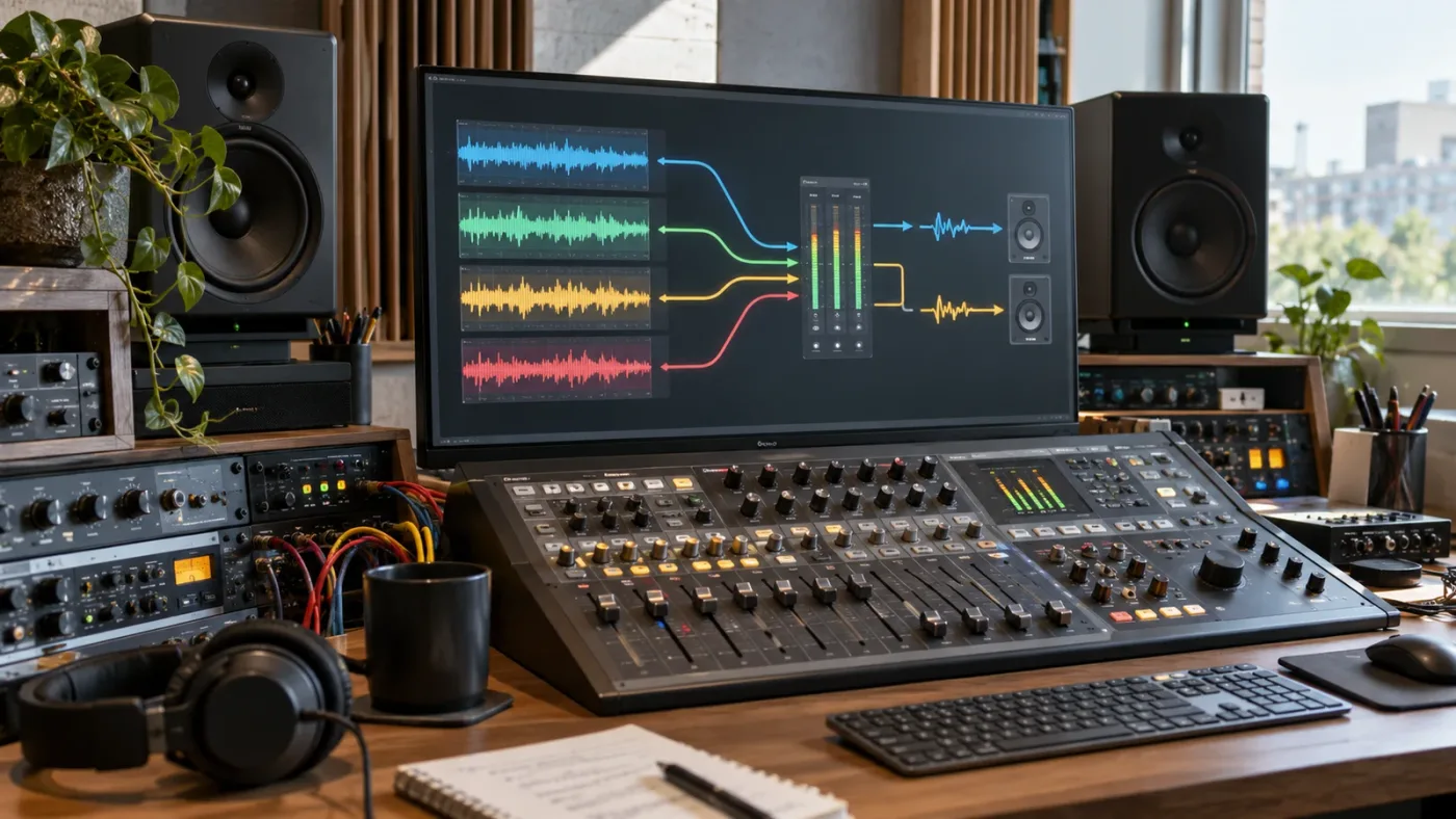 Illustration of a Fairlight audio track feeding a bus and monitored output