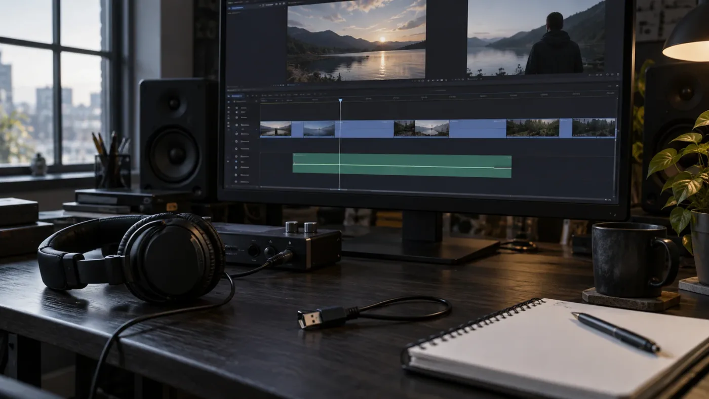 Illustration of an audio waveform returning to a DaVinci Resolve timeline