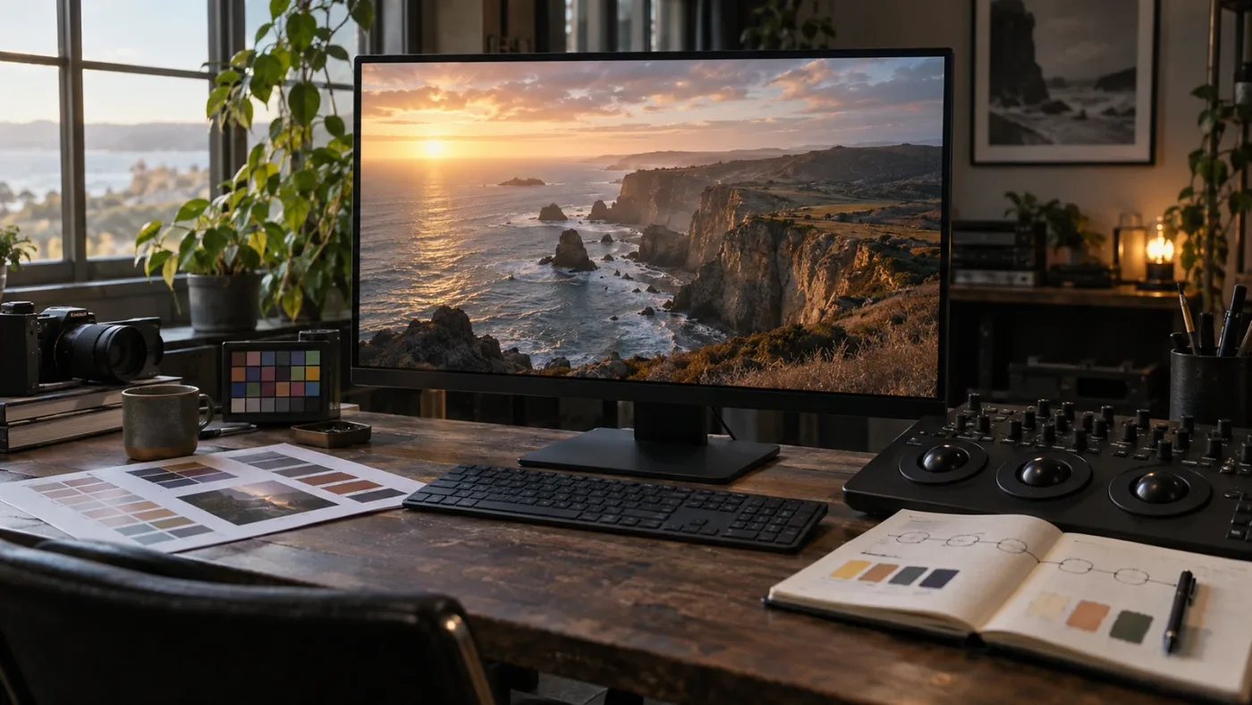 Illustration of automatic and manual DaVinci Resolve color management routes reaching one output