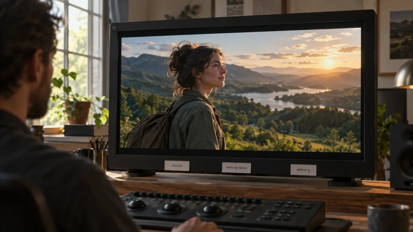 Illustration of a finished DaVinci Resolve image with verified source, working, and output stages