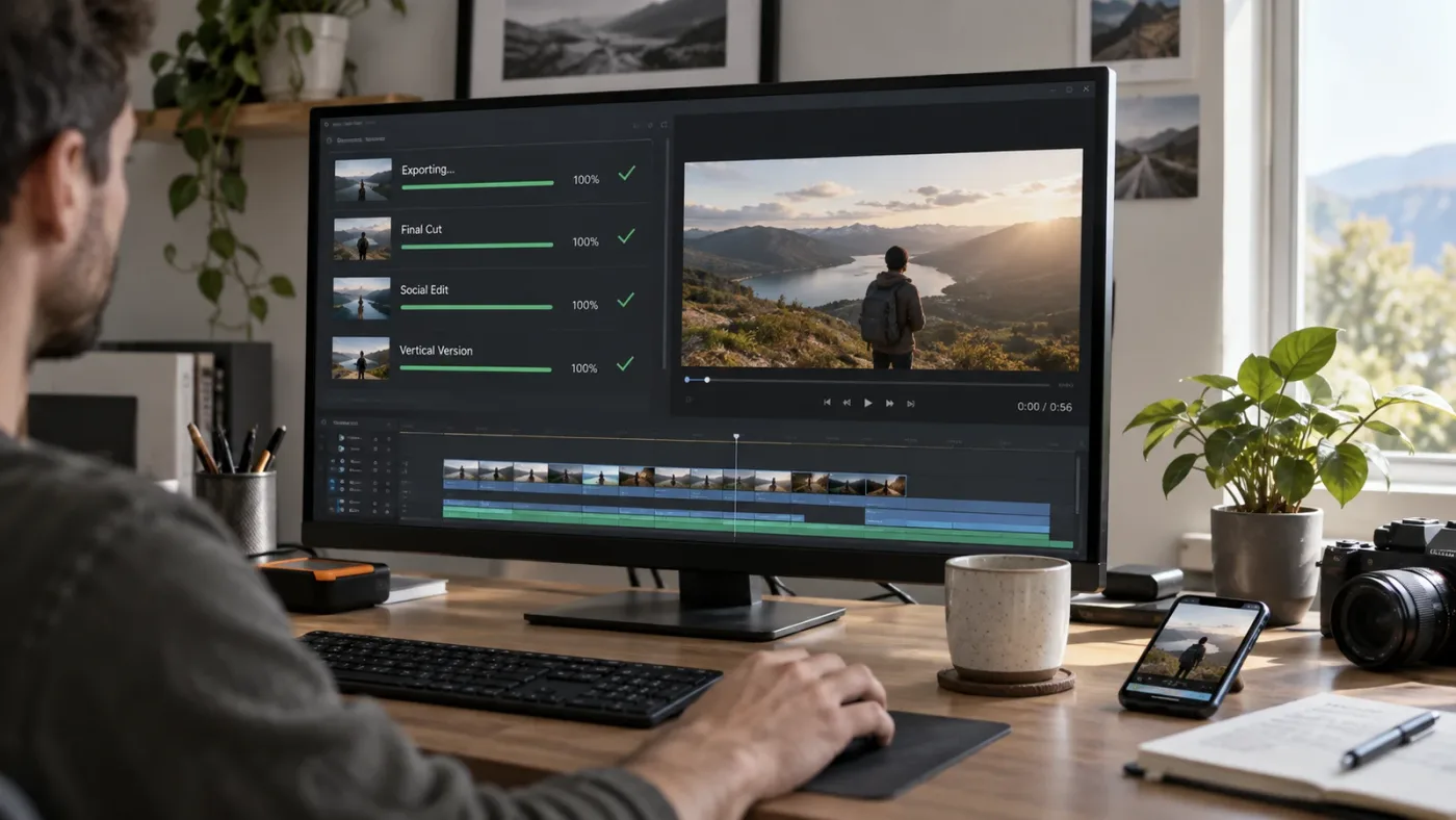 Illustration of exporting and reviewing a finished DaVinci Resolve phone-footage project