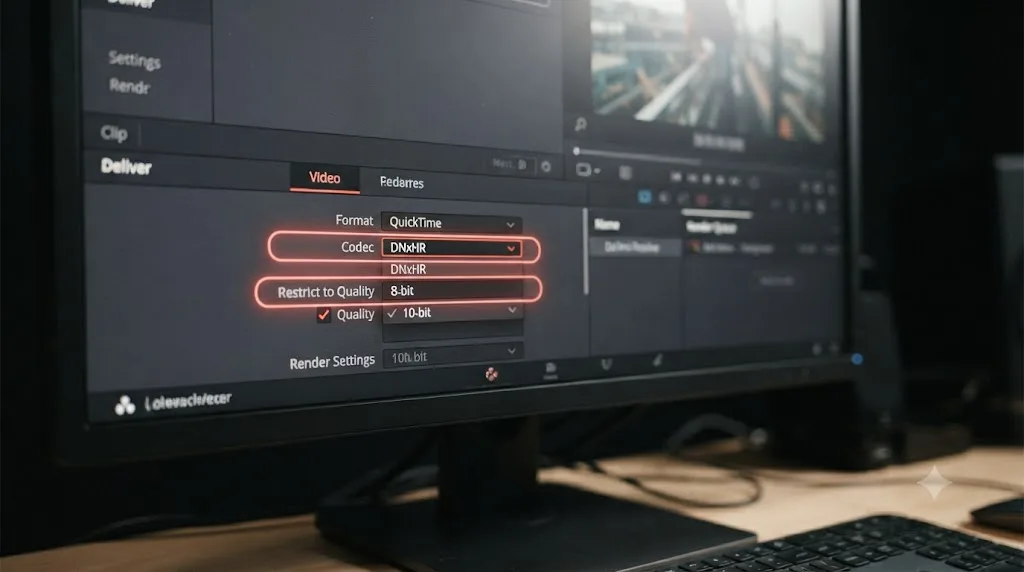 Illustration of a DaVinci Resolve Deliver page highlighting the codec dropdown for bit depth and the Restrict to field for bit rate
