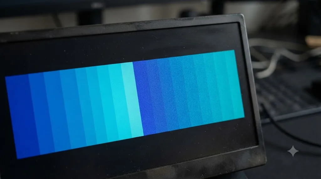 Illustration comparing a banded color gradient to the same gradient with dithering applied to soften the visible steps