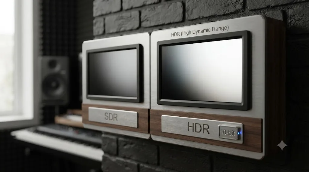 Illustration of an SDR and HDR brightness gradient comparison, with the HDR side labeled with a 10-bit minimum requirement badge