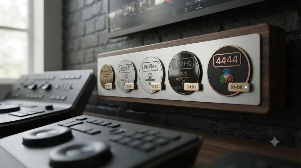 Illustration of five ProRes codec icons of increasing size sharing the same 10-bit color depth badge