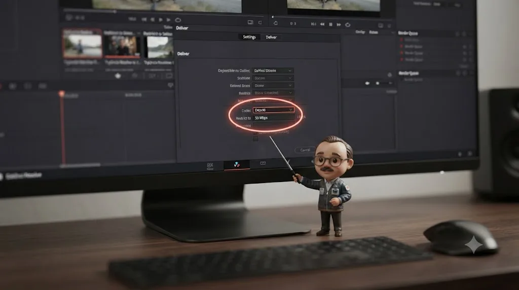 Illustration of the TryUncle assistant pointing at a DaVinci Resolve Deliver page highlighting codec and bitrate fields